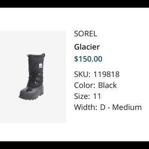 Sorel Mens Glacier Boots Size 11